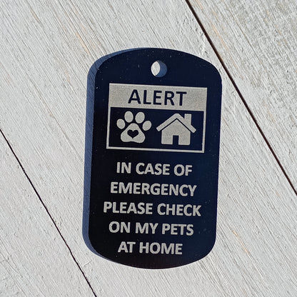 Black Military Style "Please Check On My Pets" Tag