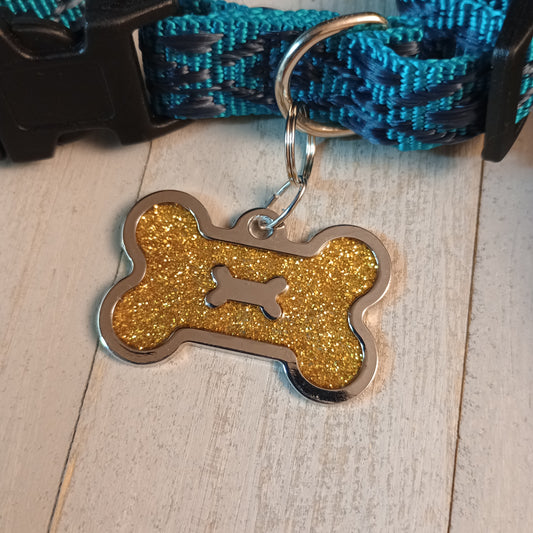 Yellow Glitter Bone Shaped Pet Tag