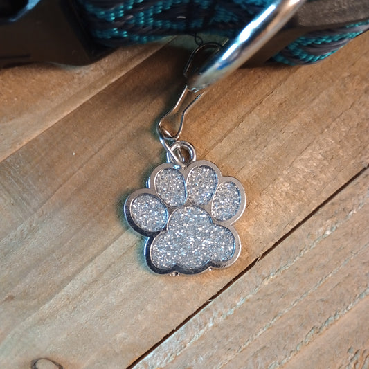 Silver Colored Glitter Paw Pet Tag (1 inch)